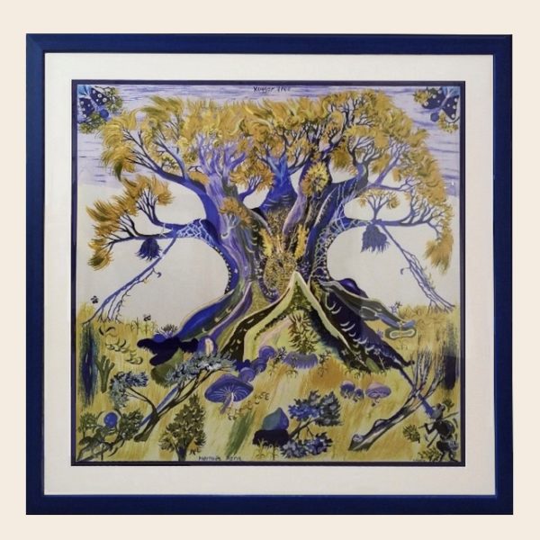 Tableau Hermès Kuggor Tree par Sefedin art africain bleu et vert avec moulure en bois bleue