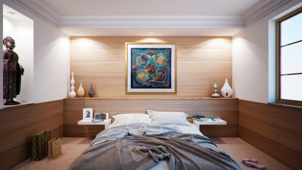 tableau Hermès Grands Fonds en décoration murale de chambre ambiance exotique tropicale.