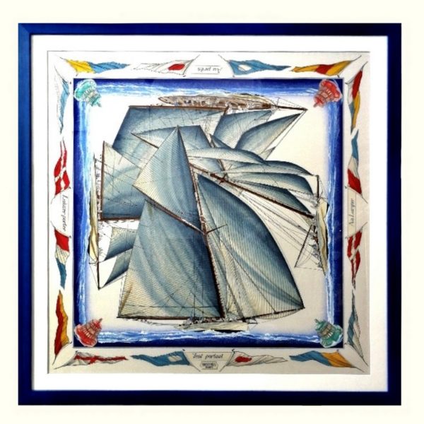 Tableau d'un carré Hermès Vent portant par Yannick Manier moulure bleue